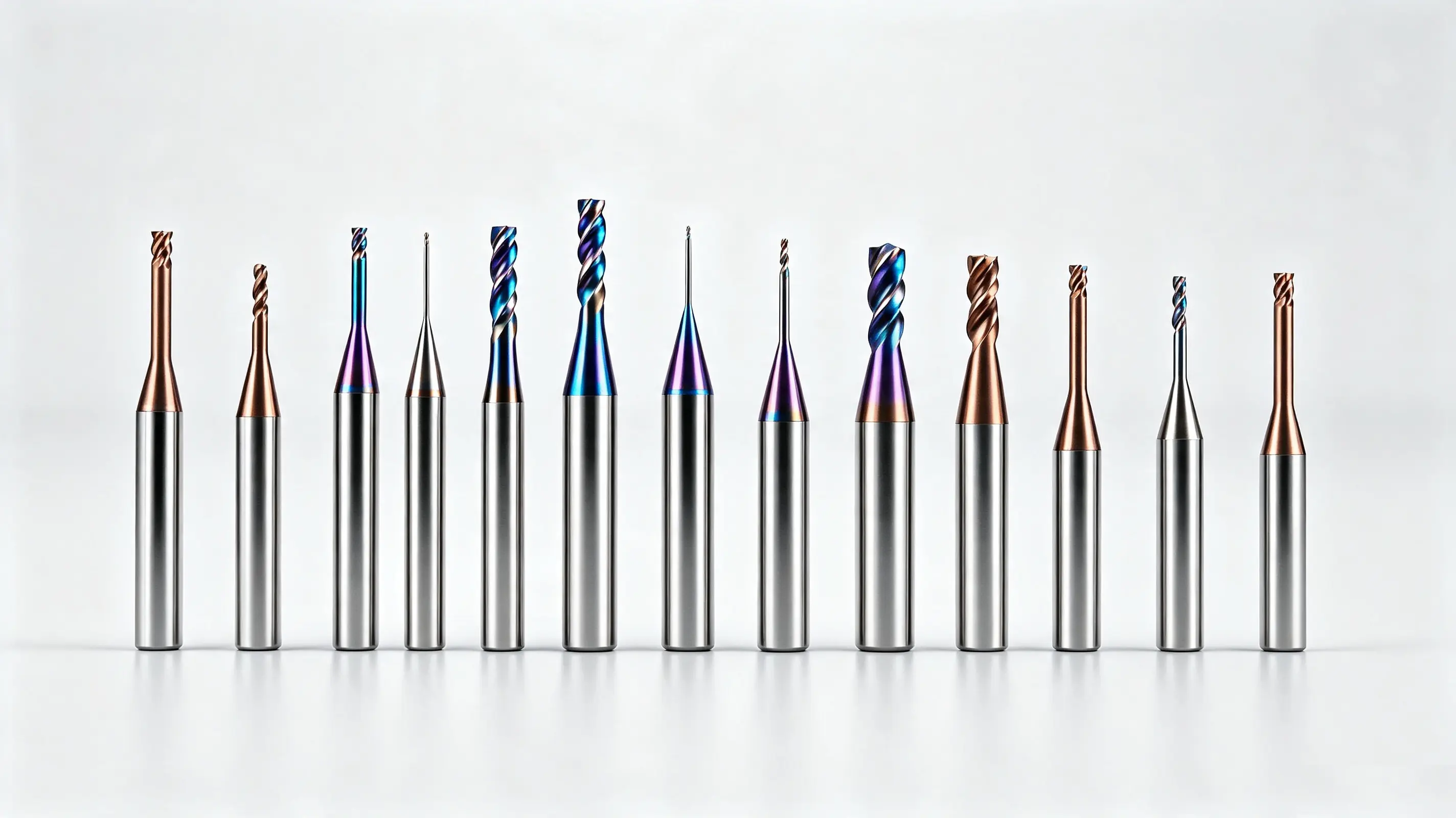 Row of QT Tools ultra-small diameter micro carbide end mills with various coatings