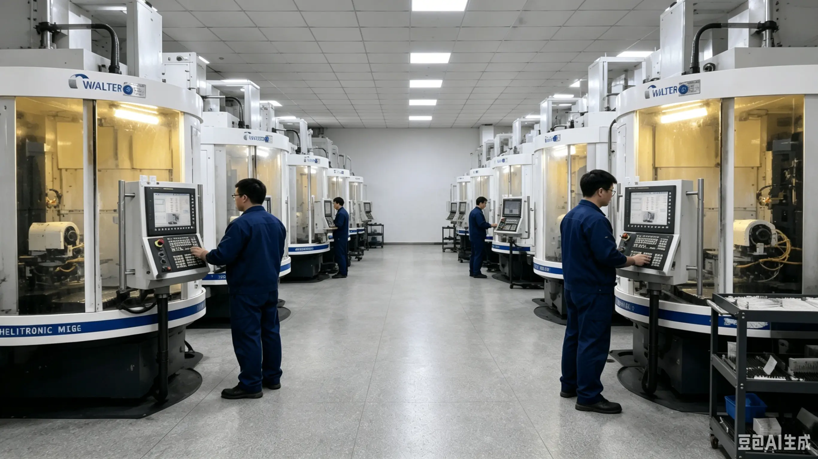 Rows of Walter Helitronic 5-axis CNC tool grinding machines operated by technicians on the QT Tools grinding floor in Changzhou, China