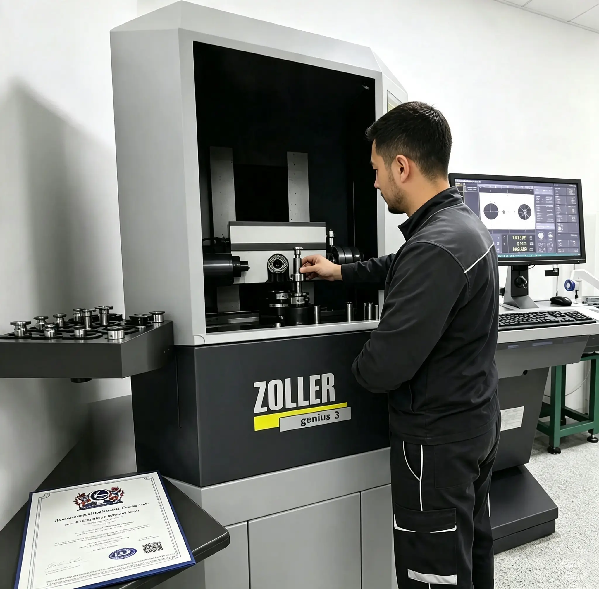 QT Tools quality inspector measuring an end mill on a German Zoller Genius 3 measuring center, with an ISO 9001 certificate displayed alongside