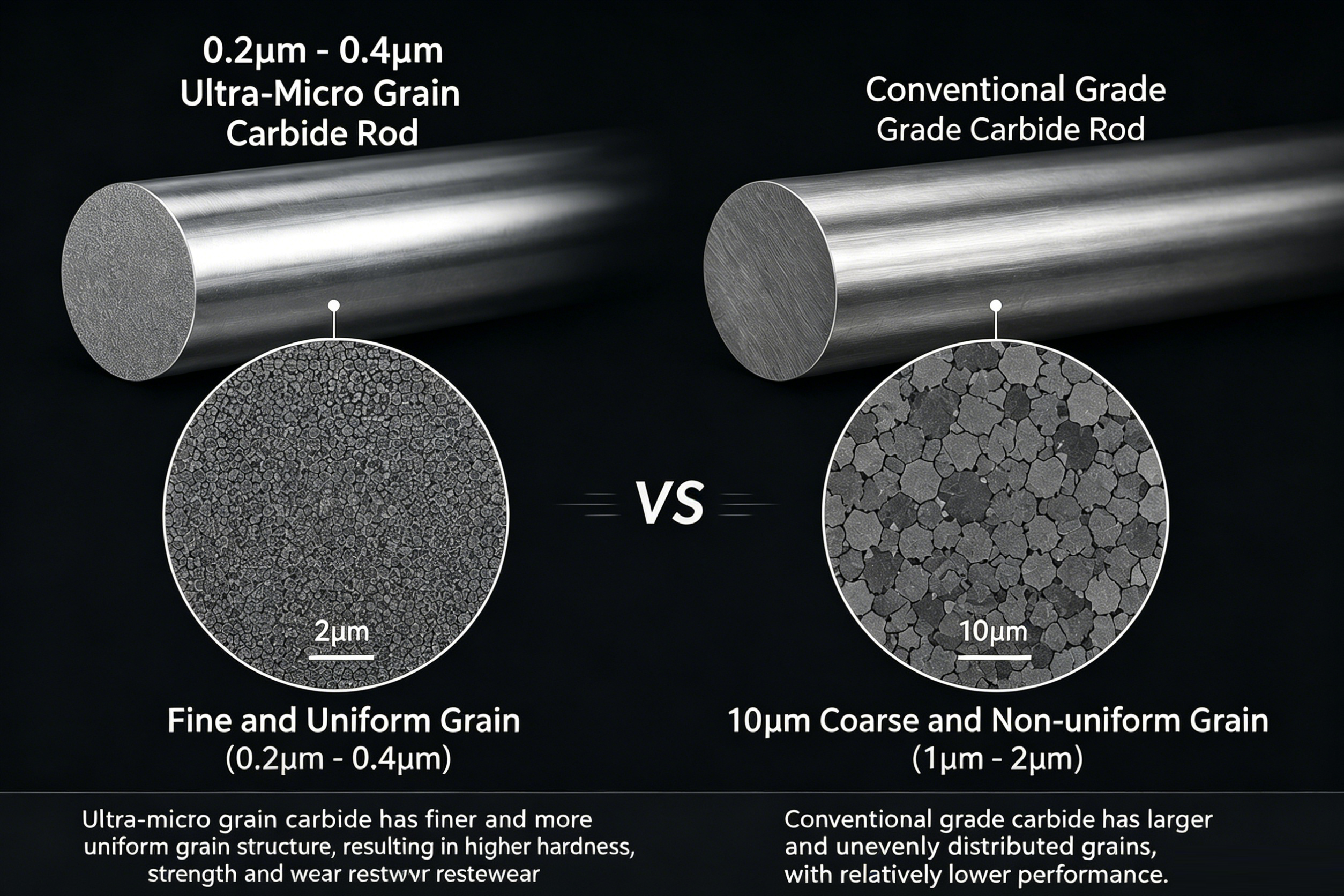 Comparison of ultra-micro grain carbide rod versus conventional grade carbide rod microstructure