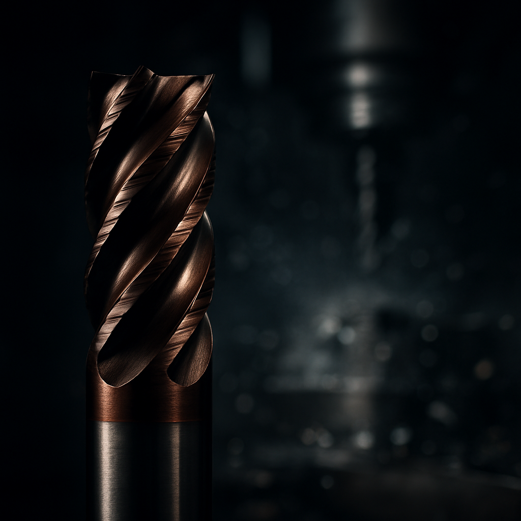 Macro view of a solid carbide end mill cutting edge with a CNC machine in the background